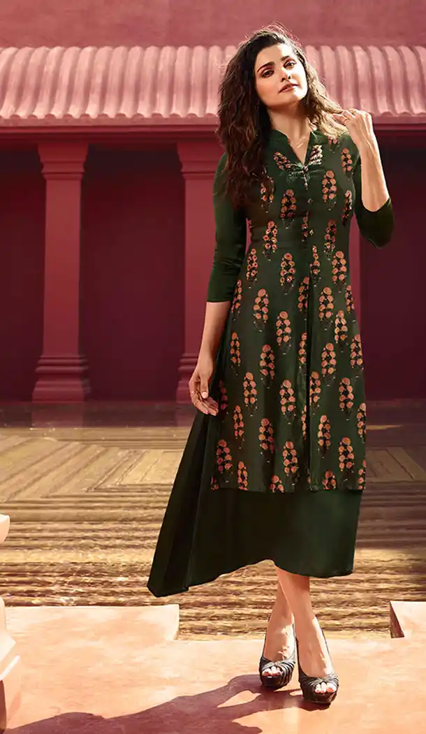 Magnificient Dark Green Color Art Silk And Satin Celebrity Prachi Desai Readymad Kurti - 64875061