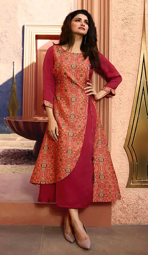 Dark Pink Color Art Silk And Satin Celebrity Prachi Desai Readymad Kurti - 64875062