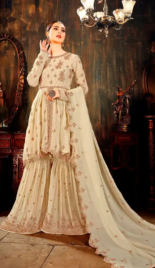 Unique Beige Color Faux Georgette Designer Pakistani Sharara Salwar Kameez - 518563357
