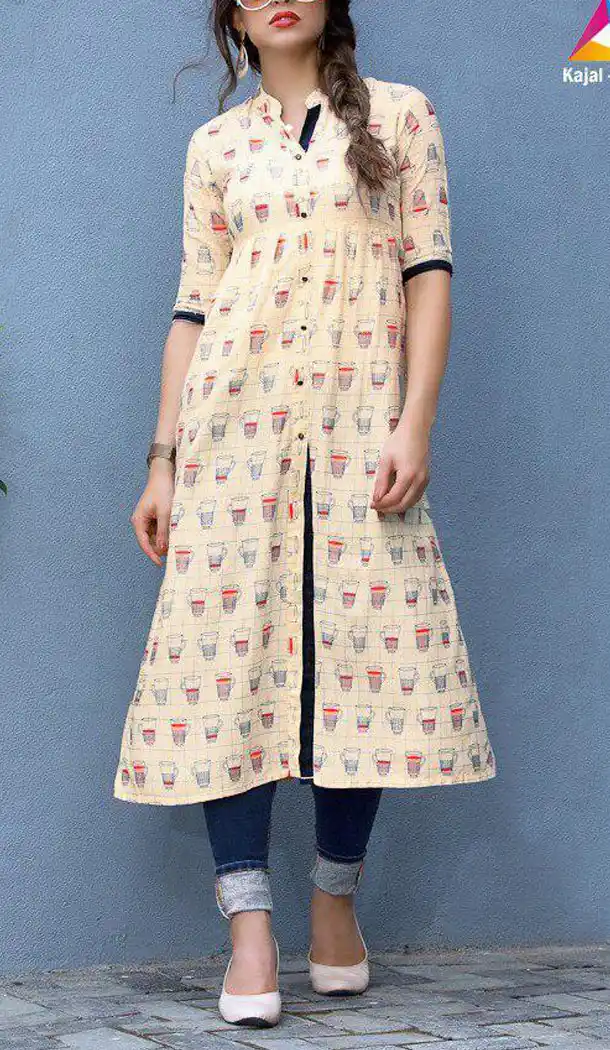 Creme Color Heavy Rayon Party Wear Readymade Women Long Kurta - 520863851