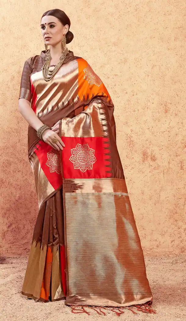Golden And Red Color Banarasi Silk Casual Party Wear Sari Blouse - 520963854