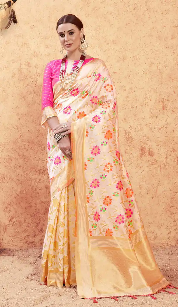 Creme Color Banarasi Silk Casual Party Wear Sari Blouse - 520963861