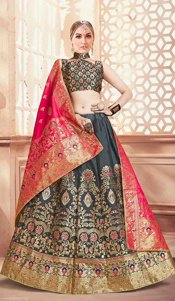 Charming Grey Color Banarasi Art Silk Traditional Wear Lehenga Choli - 64955134