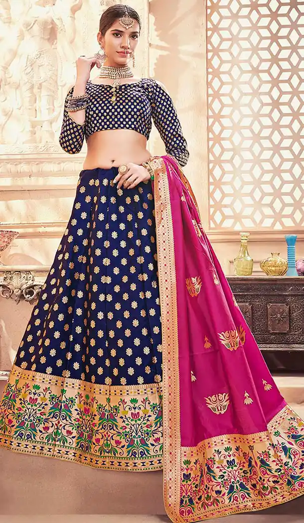 Navy Blue Color Banarasi Art Silk Traditional Wear Lehenga Choli - 64955141