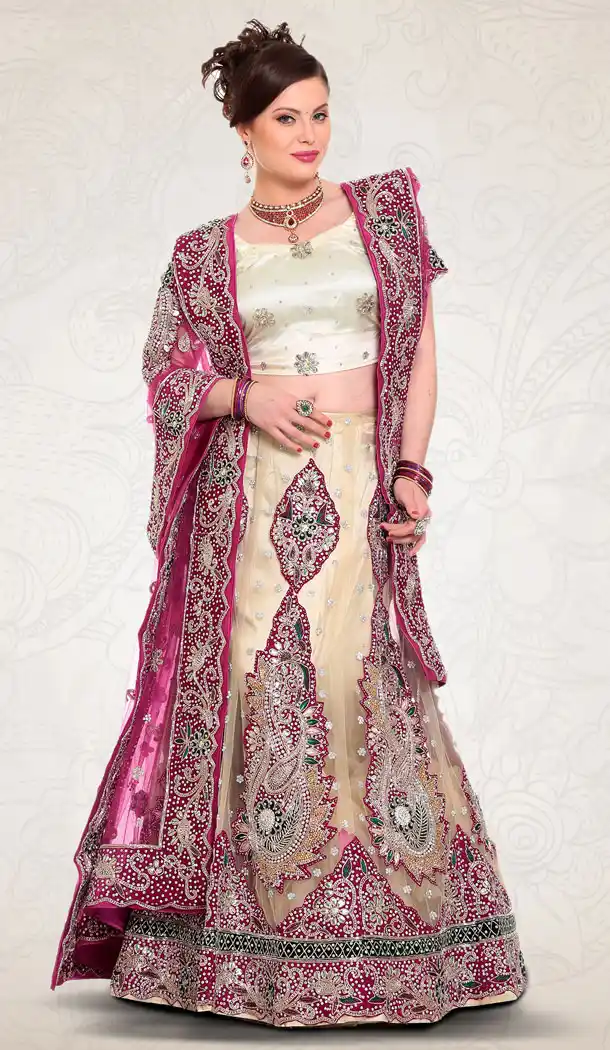 Cream Color Net Designer Bridal Lehenga Choli in Plus Size - 219425232