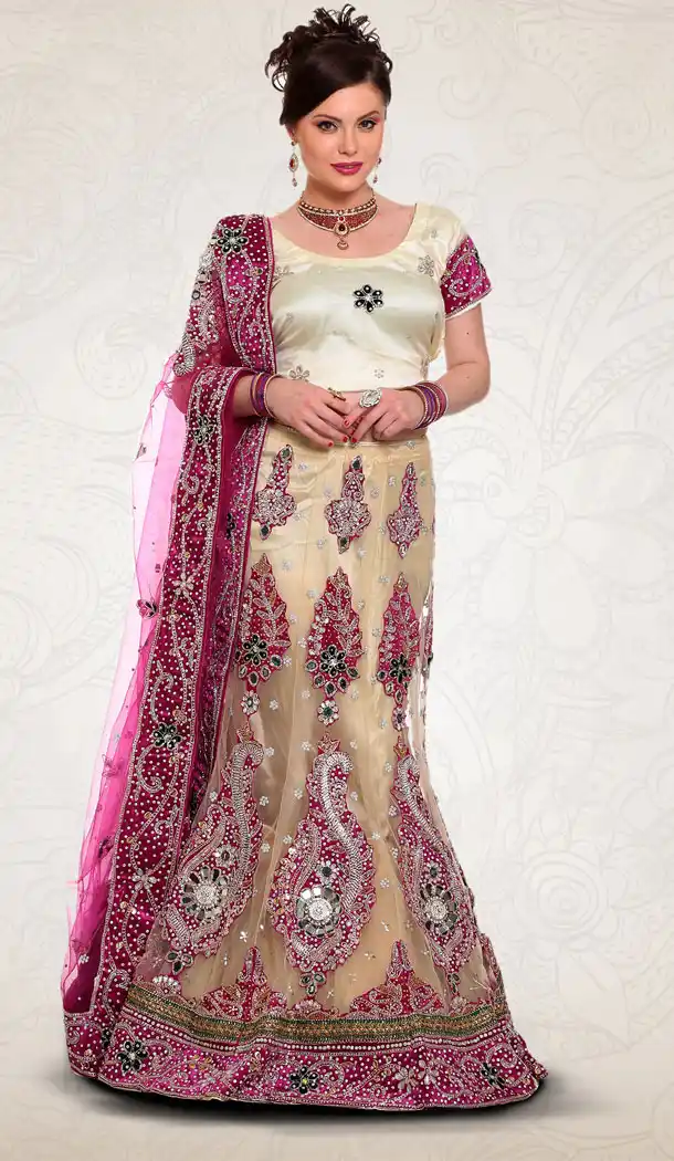 Cream Color Net Designer Bridal Lehenga Choli in Plus Size - 219425234