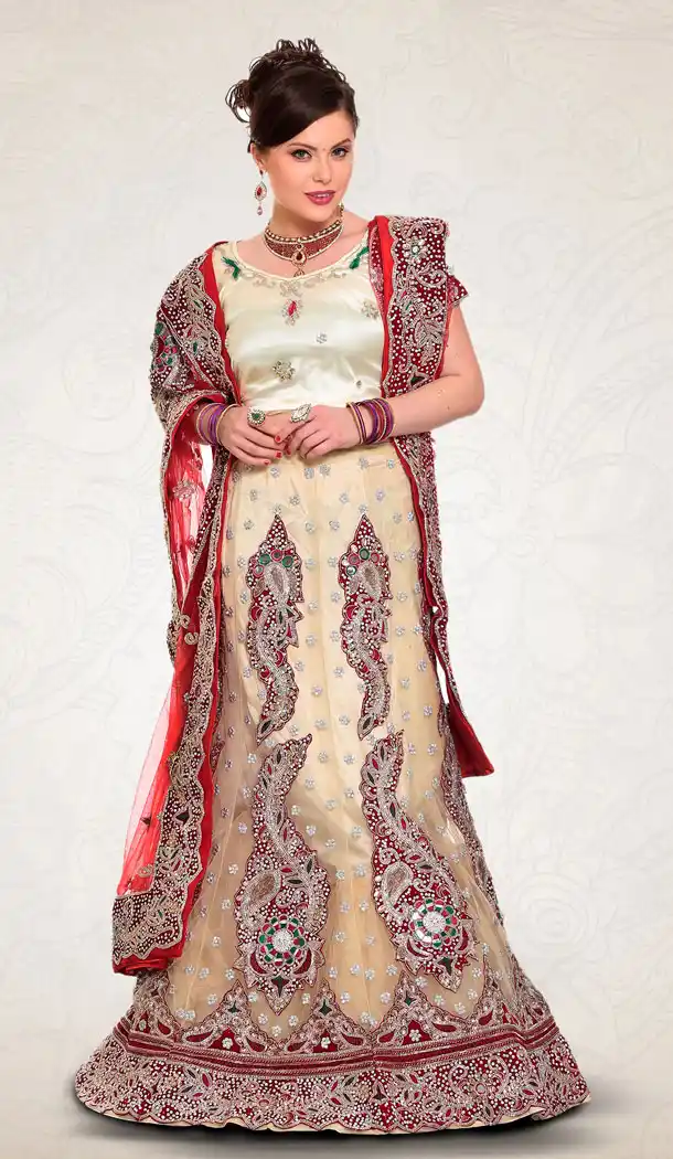 Cream Color Net Bridal Wedding Designer Lehenga Choli - 219525238