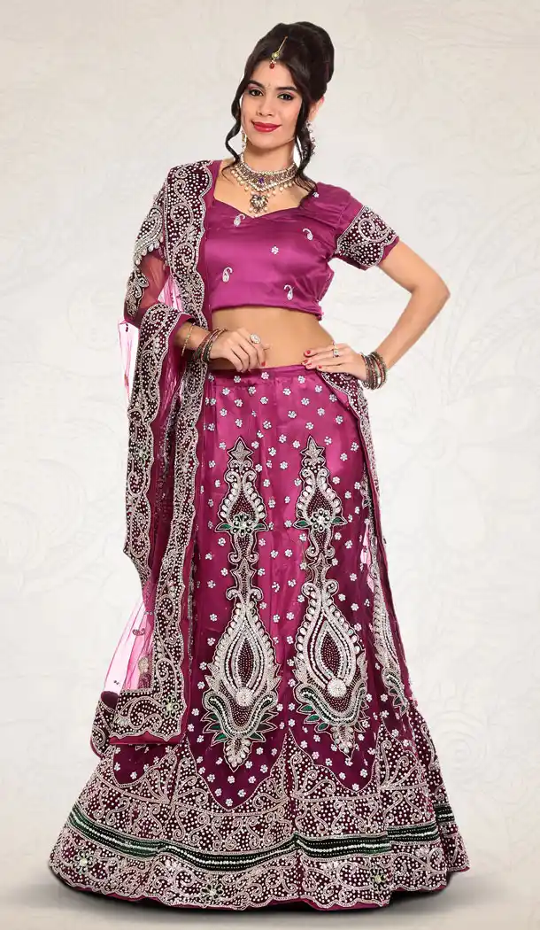 Deep Purple Color Net Bridal Wedding Designer Lehenga Choli - 219525248