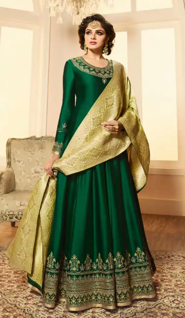 Gleaming Green Color Satin Georgette Knee Length Anarkali Salwar Kameez - 523864259