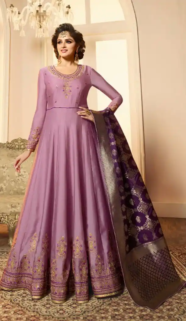 Light Violet Color Satin Georgette Knee Length Anarkali Salwar Kameez - 523864262
