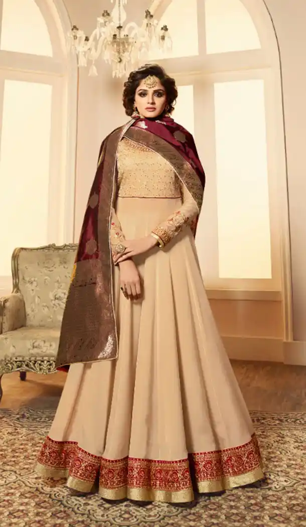 Cream Color Satin Georgette Knee Length Anarkali Salwar Kameez - 523864263
