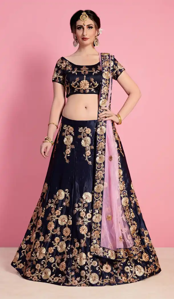 Navy Blue Color Velvet Silk Designer Wear Lehenga Choli - 523264205