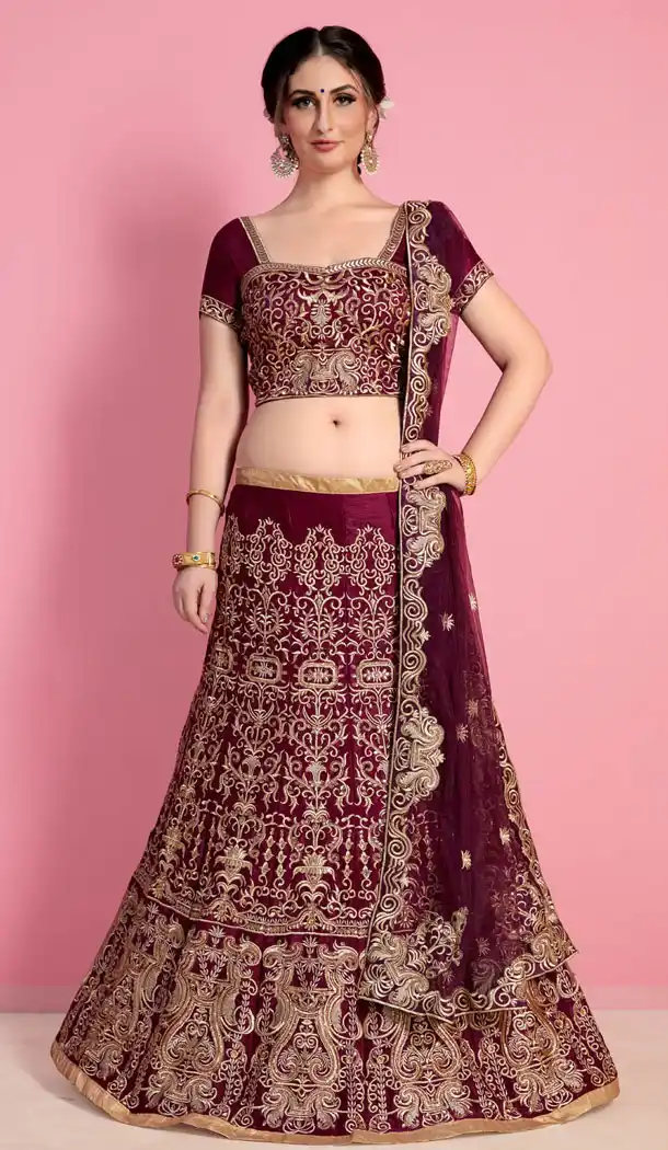 Charming Wine Color Velvet Silk Designer Wear Lehenga Choli - 523264206