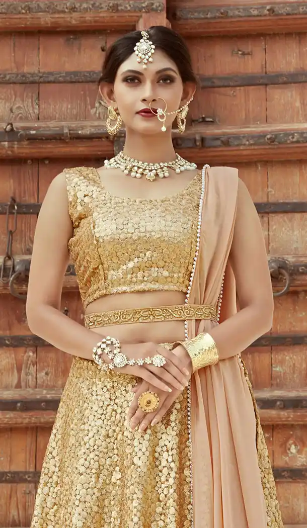 Chic Golden Color Soft Net Designer Wear Lehenga Choli - 523064190