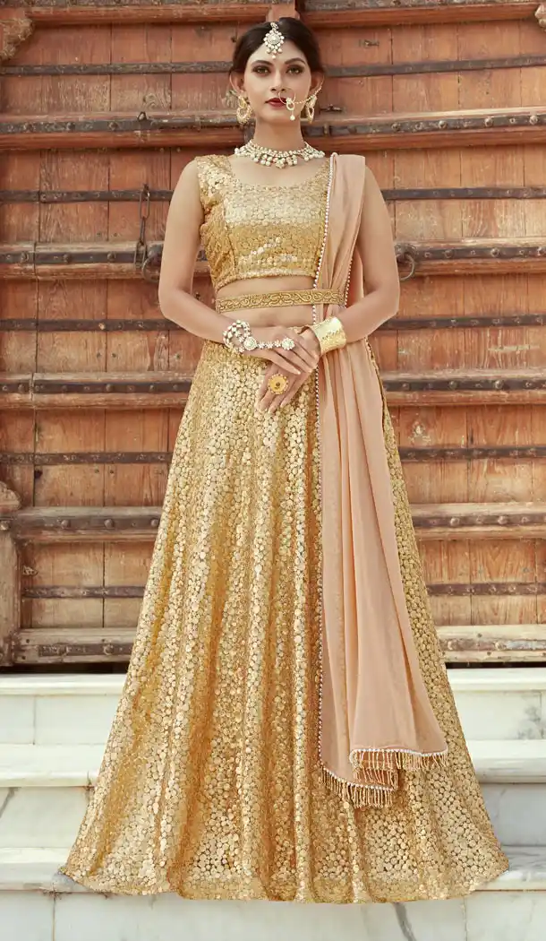 Chic Golden Color Soft Net Designer Wear Lehenga Choli - 523064190