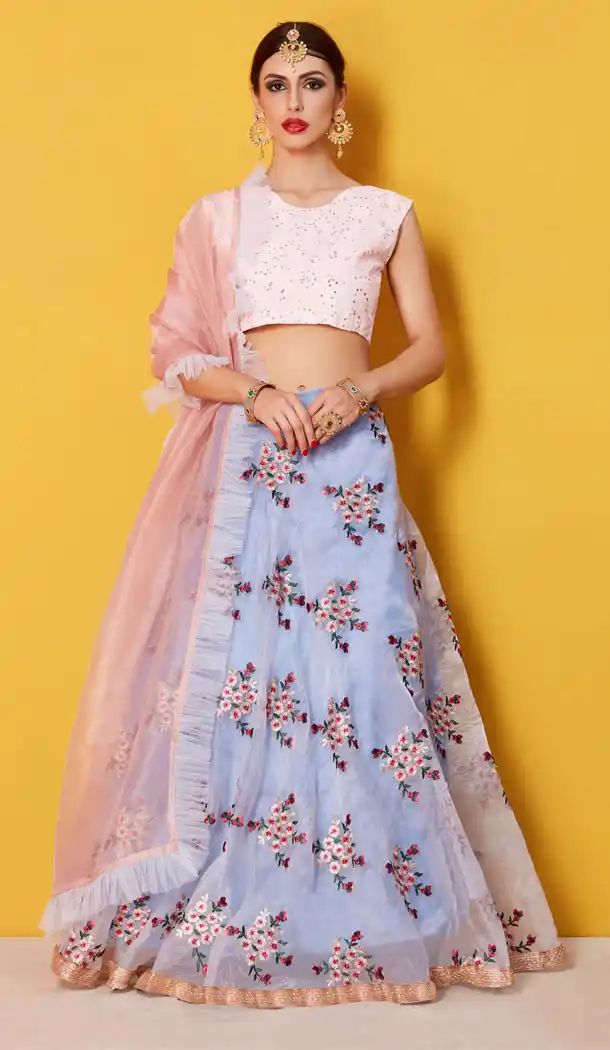 Off White And Blue Color Art Silk Heavy Embroidered Party Wear Lehenga Choli - 525364660