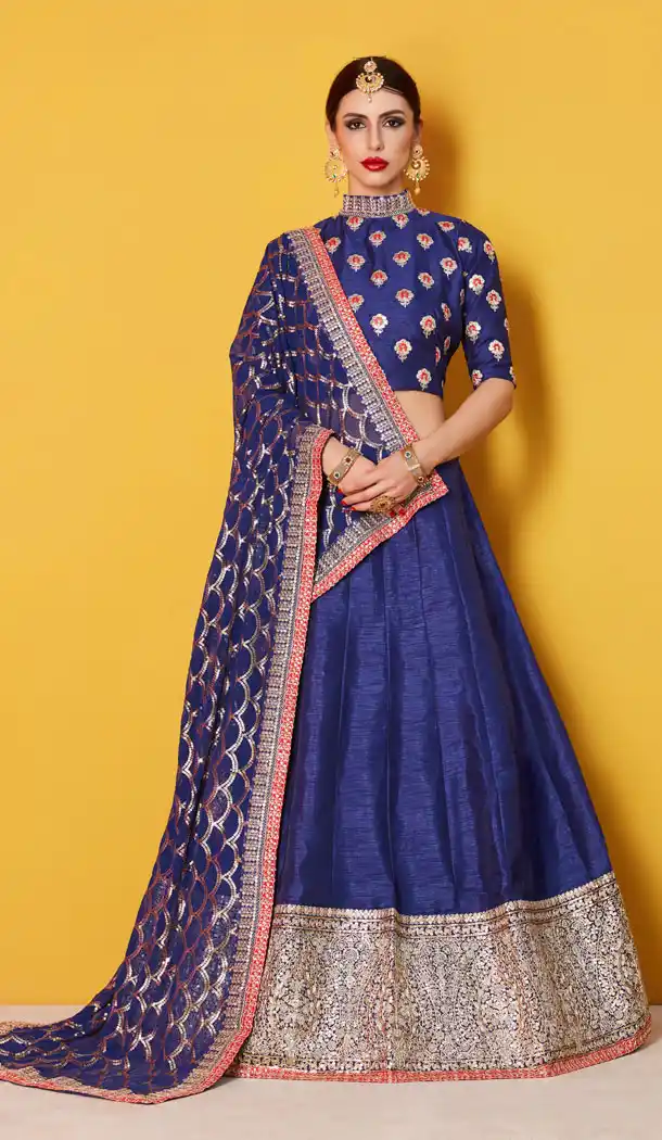 Mesmerizing Navy Blue Color Art Silk Heavy Embroidered Party Wear Lehenga Choli - 525364661