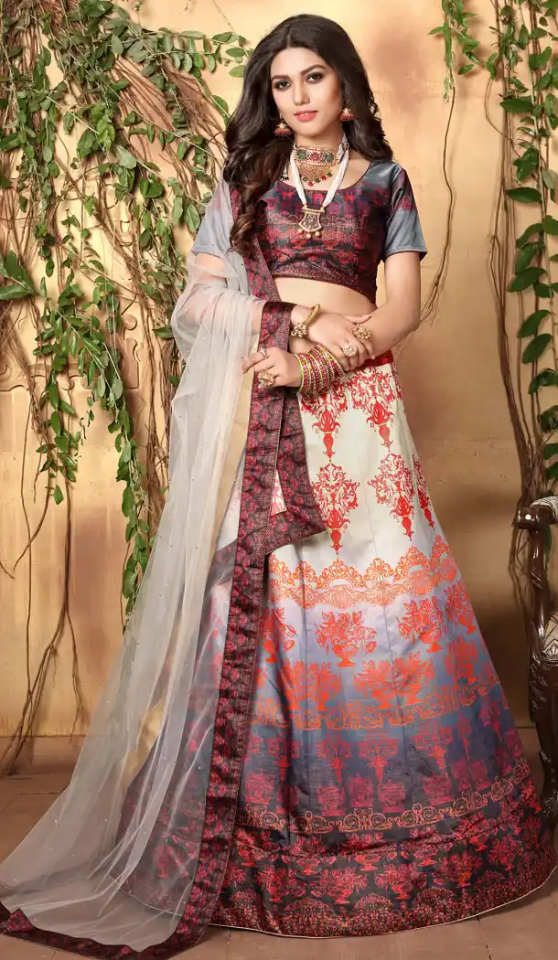 Divine Multi Color Zari Satin Digital Printed Lehenga Choli - 525564677