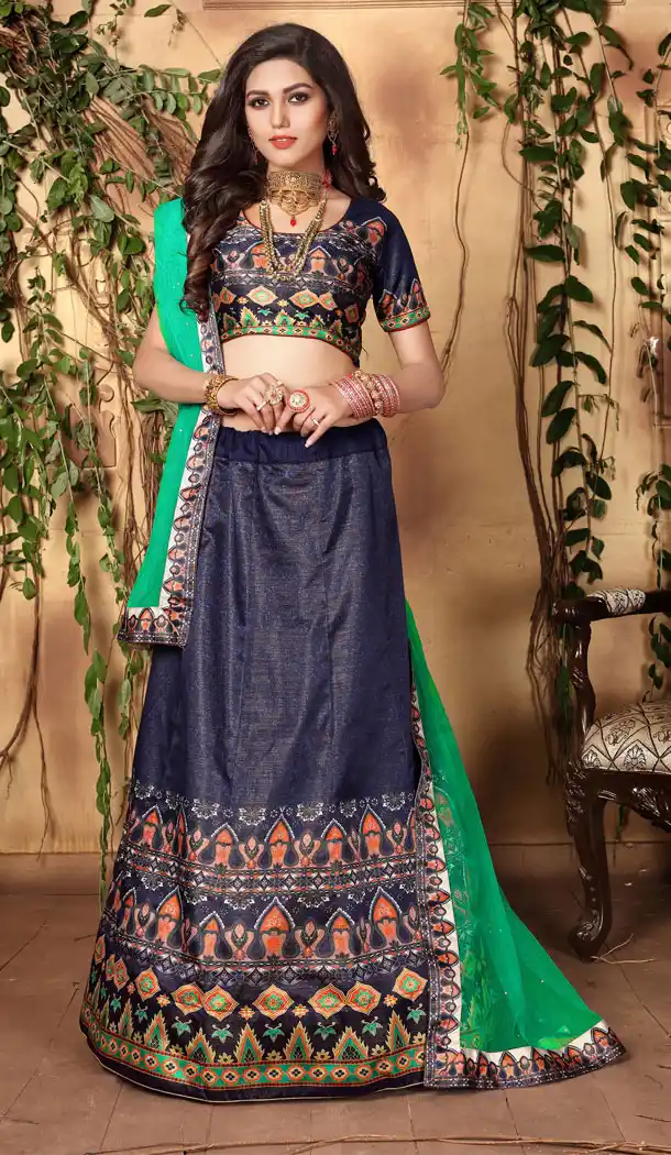Navy Blue Color Zari Satin Digital Printed Lehenga Choli - 525564679