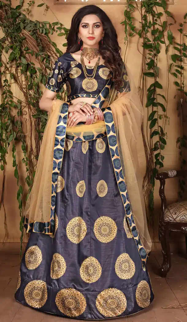Blue Color Zari Satin Digital Printed Lehenga Choli - 525564680