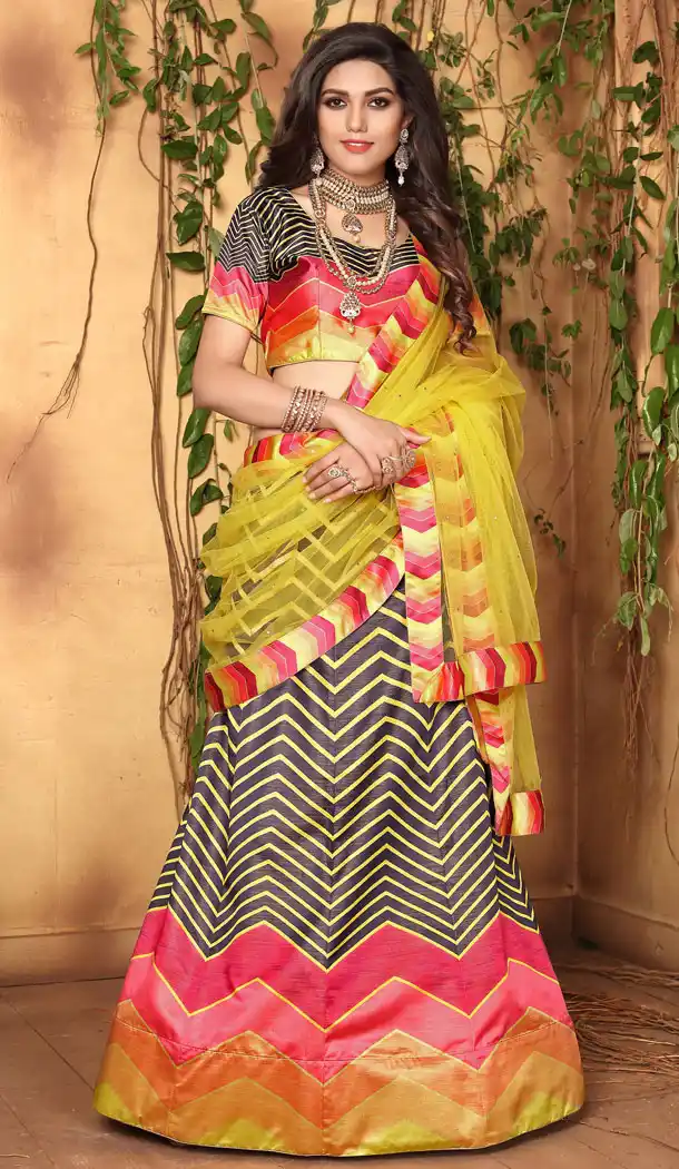 Multi Color Zari Satin Digital Printed Lehenga Choli - 525564682