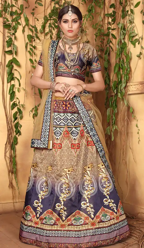 Multi Color Zari Satin Digital Printed Lehenga Choli - 525564683