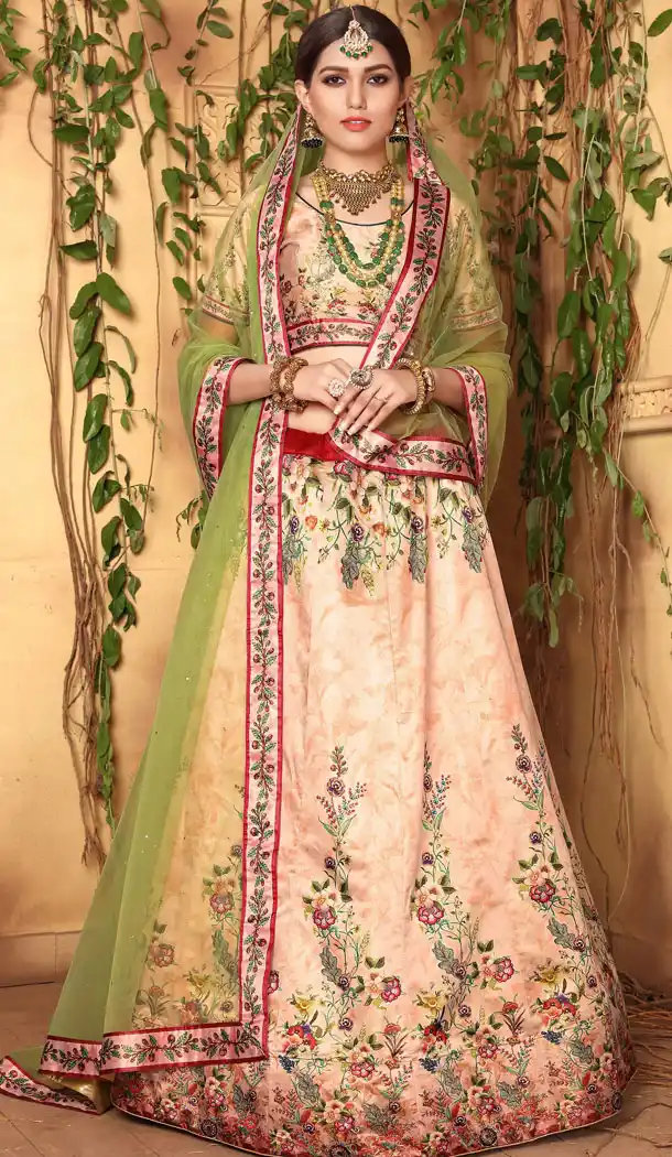 Peach Color Zari Satin Digital Printed Lehenga Choli - 525564684