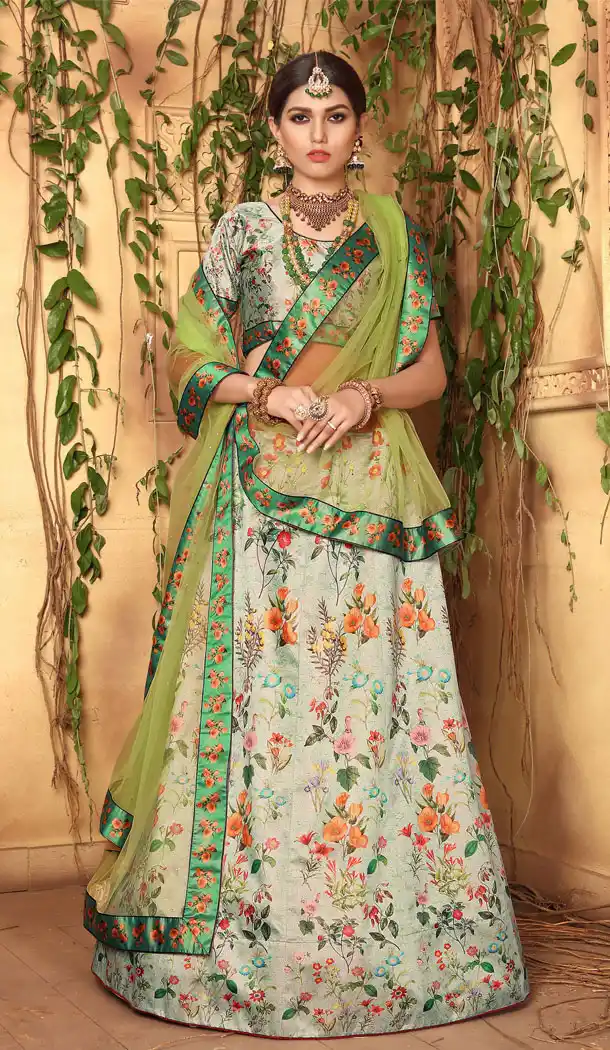 Multi Color Zari Satin Digital Printed Lehenga Choli - 525564685