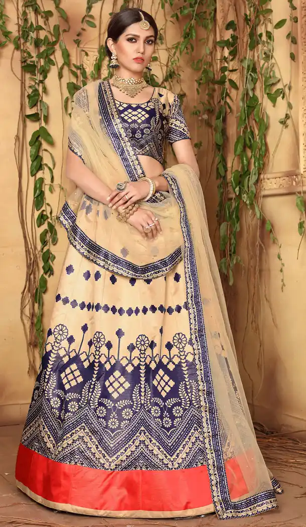 Cream Color Zari Satin Digital Printed Lehenga Choli - 525564686