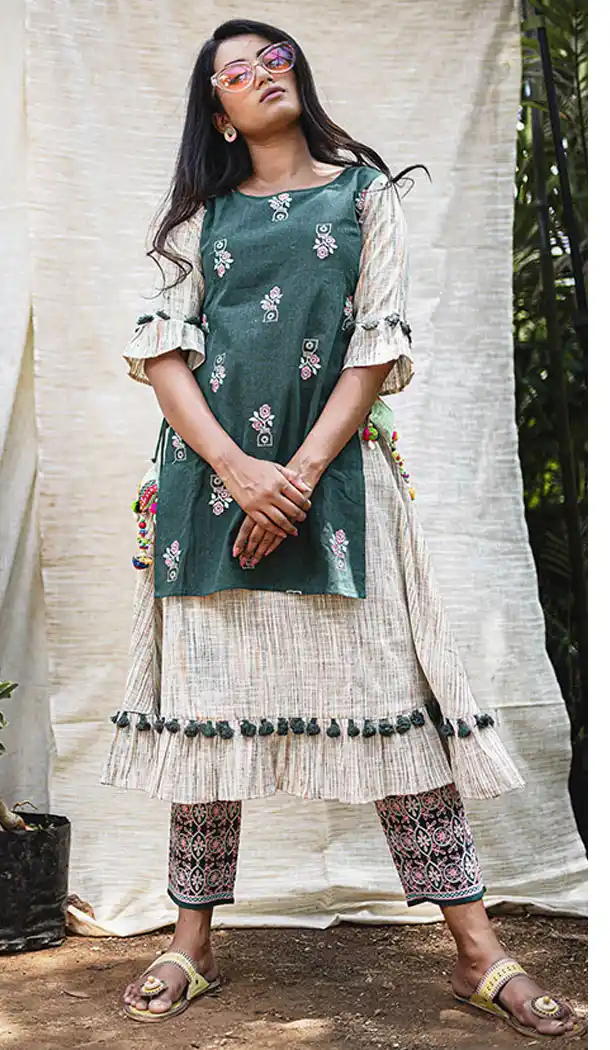 Contemporary Cream And Green Color Khadi Designer Readymade Kurti - 65025194