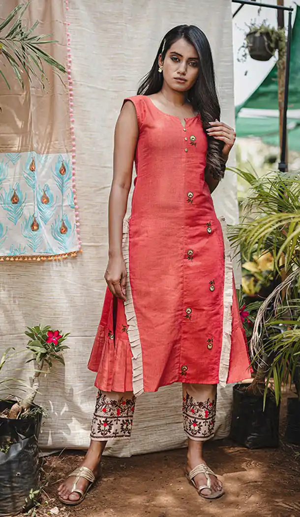 Classy Orange Color Khadi Designer Readymade Kurti - 65025197