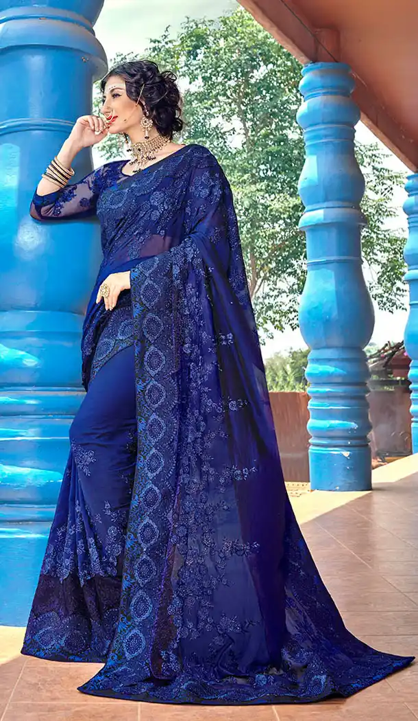 Unique Royal Blue Georgette Party Wear Plus Size Saree - 65105261