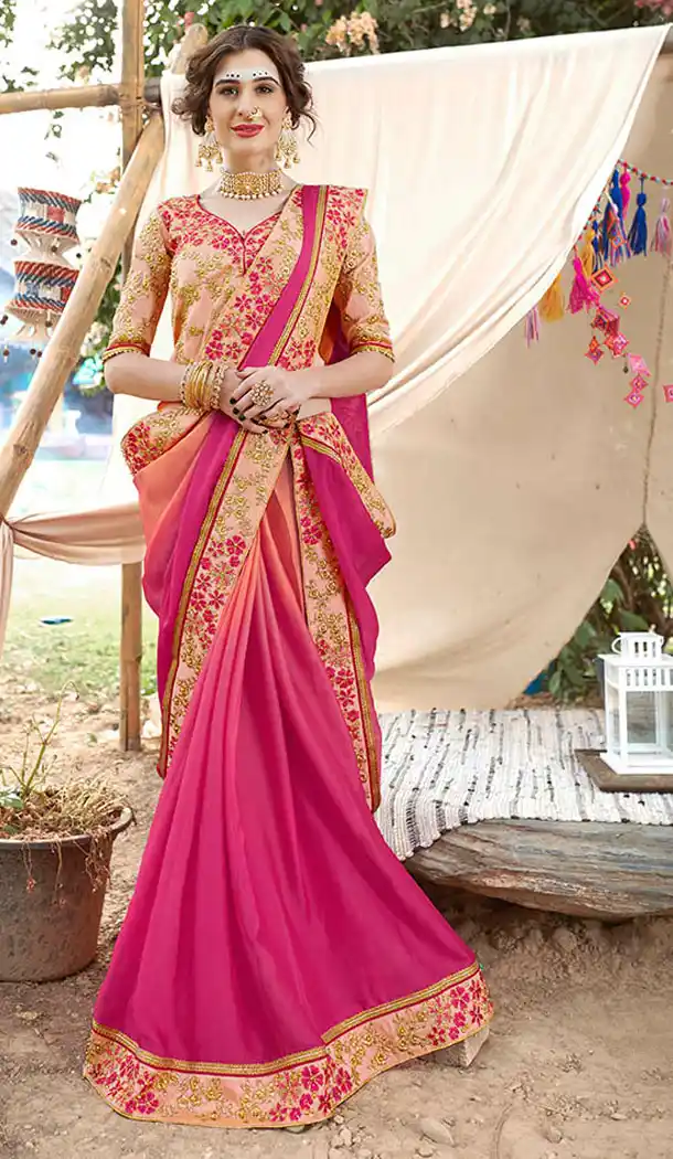 Peach And Dark Pink Georgette Party Wear Plus Size Saree - 65105262