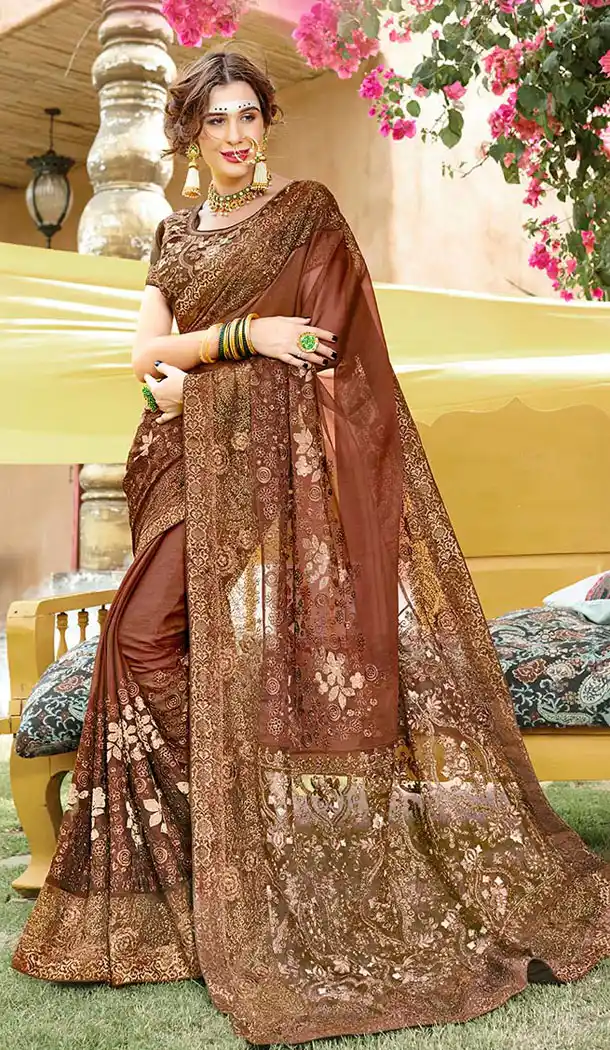 Adorable Brown Georgette Party Wear Plus Size Saree - 65105263