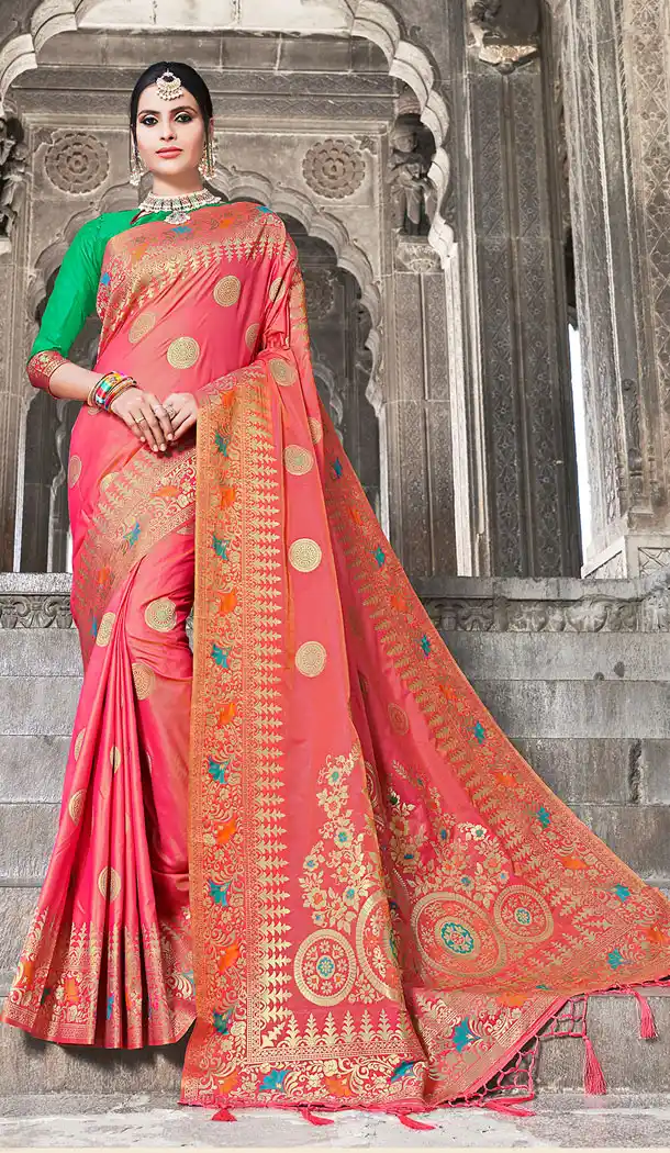 Two Tone Peach Color Banarasi Silk Designer Banarasi Silk Saree - 523464220