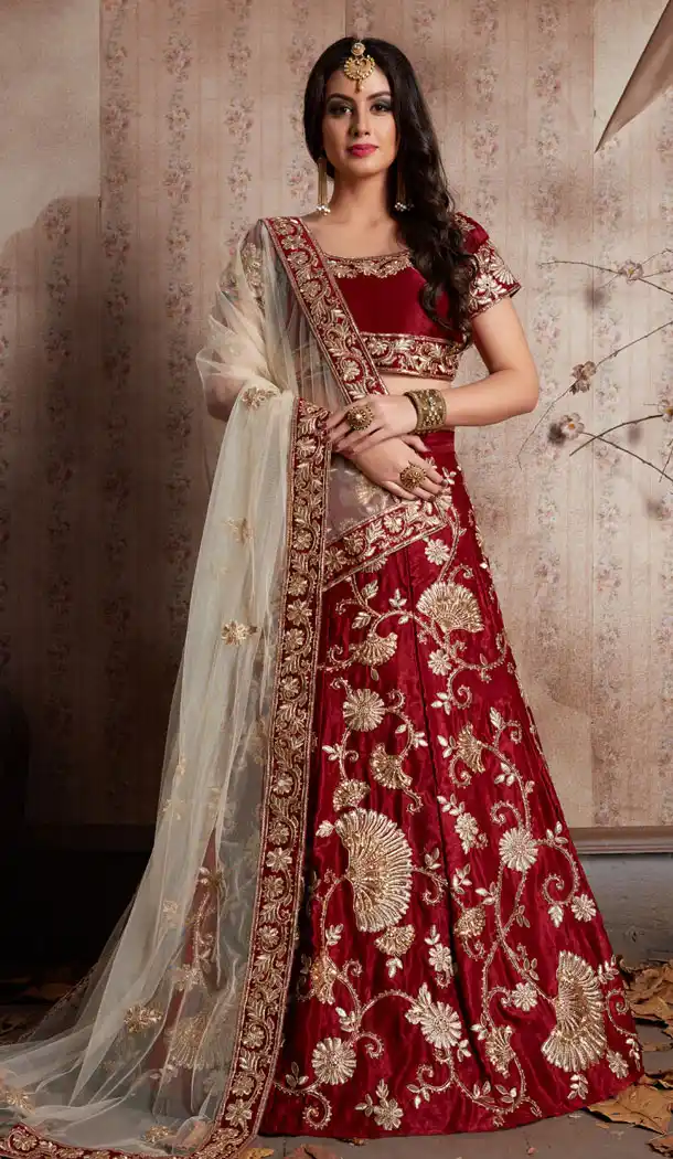 Maroon Color Velvet Silk Traditional Designer Lehenga Choli - 526564857