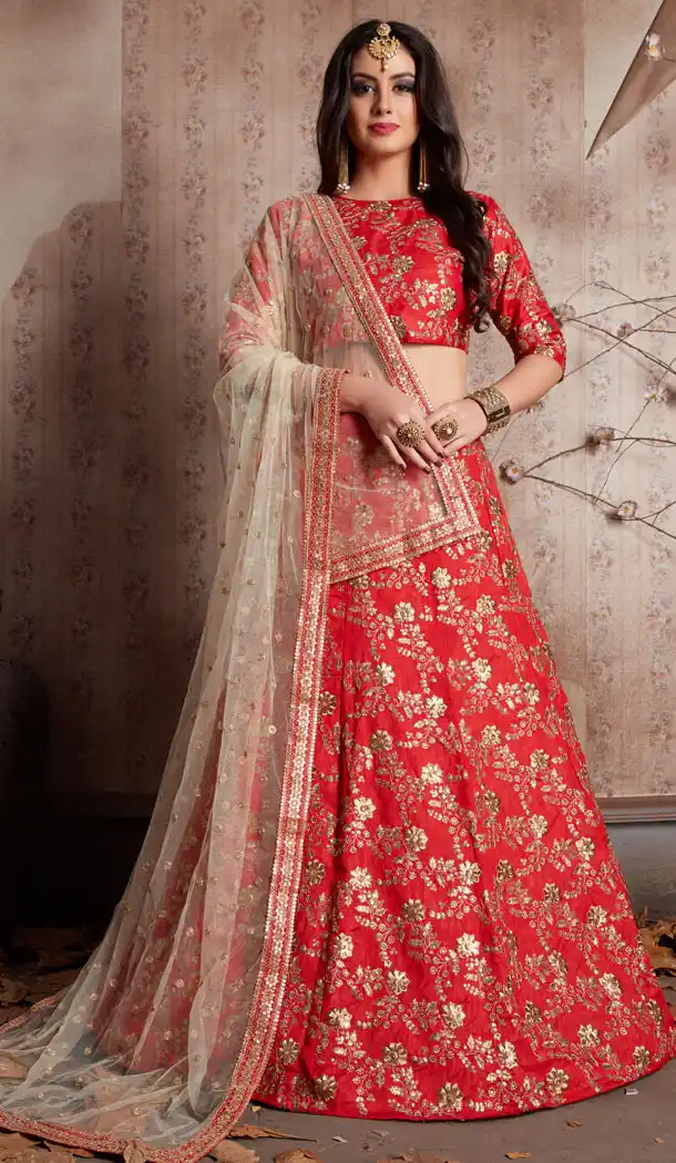 Red Color Raw Silk Traditional Designer Lehenga Choli - 526564859