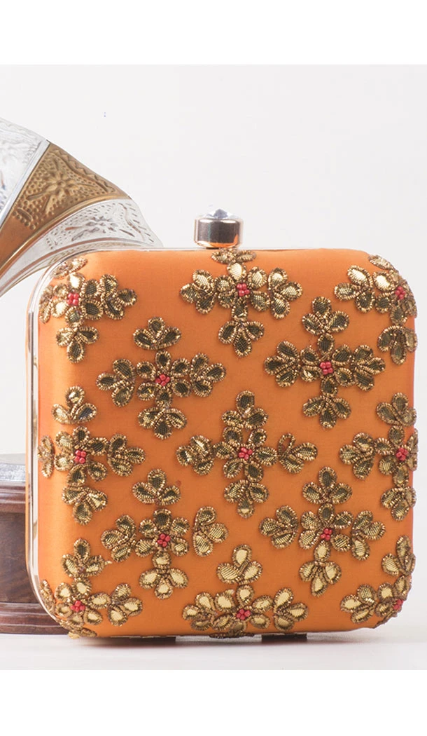Orange Color Synthetic Velvet Exclusive Designer Clutches - 528065036