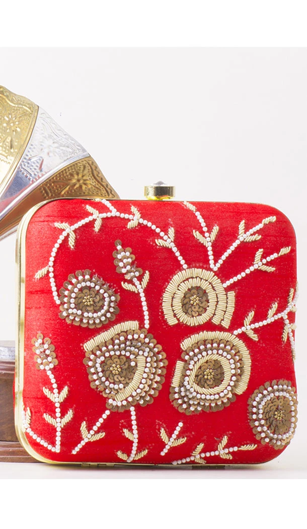 Charming Red Color Synthetic Velvet Exclusive Designer Clutches - 528065038
