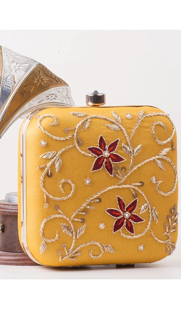 Yellow Color Synthetic Velvet Exclusive Designer Clutches - 528065039