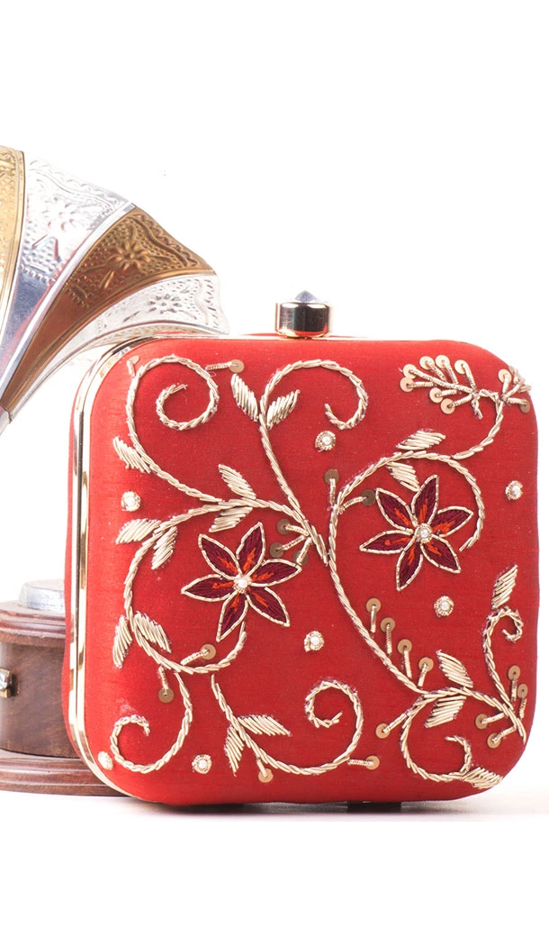 Chic Red Color Synthetic Velvet Exclusive Designer Clutches - 528065040