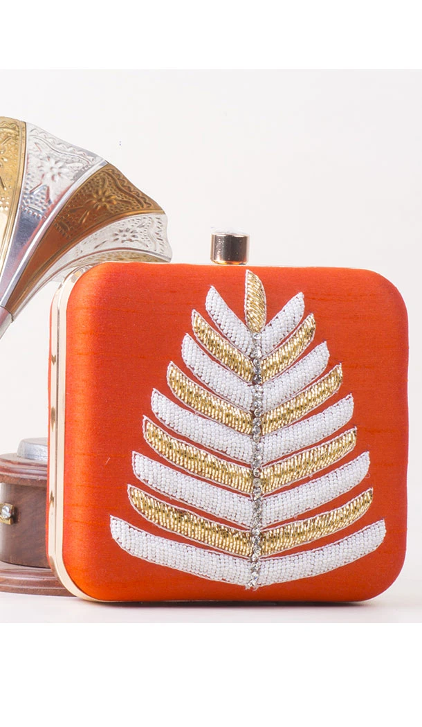 Orange Color Synthetic Velvet Exclusive Designer Clutches - 528065041