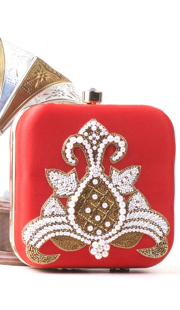 Red Color Synthetic Velvet Exclusive Designer Clutches - 528065042