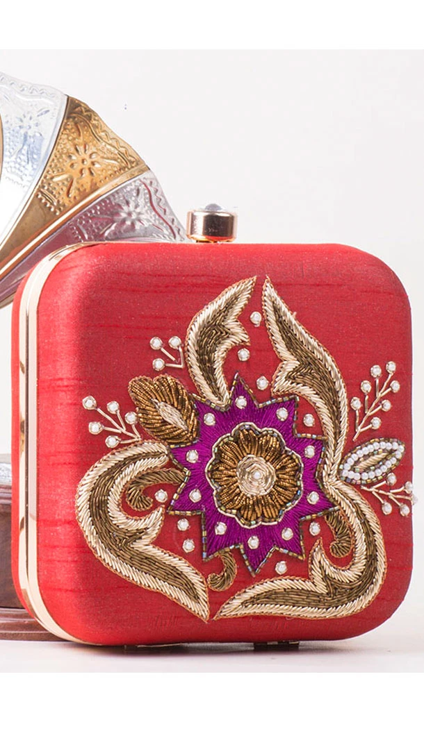 Splendorous Red Color Synthetic Velvet Exclusive Designer Clutches - 528065044