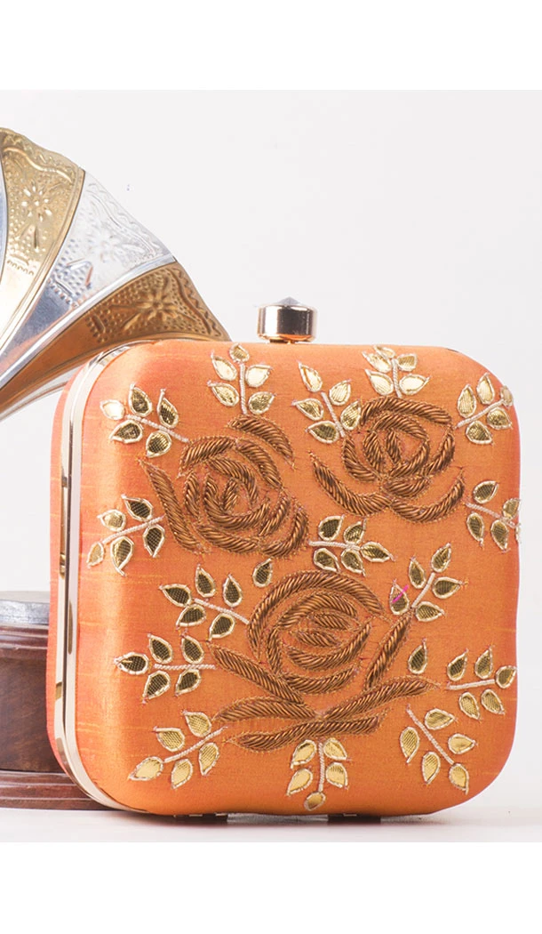 Melodic Orange Color Synthetic Velvet Exclusive Designer Clutches - 528065045