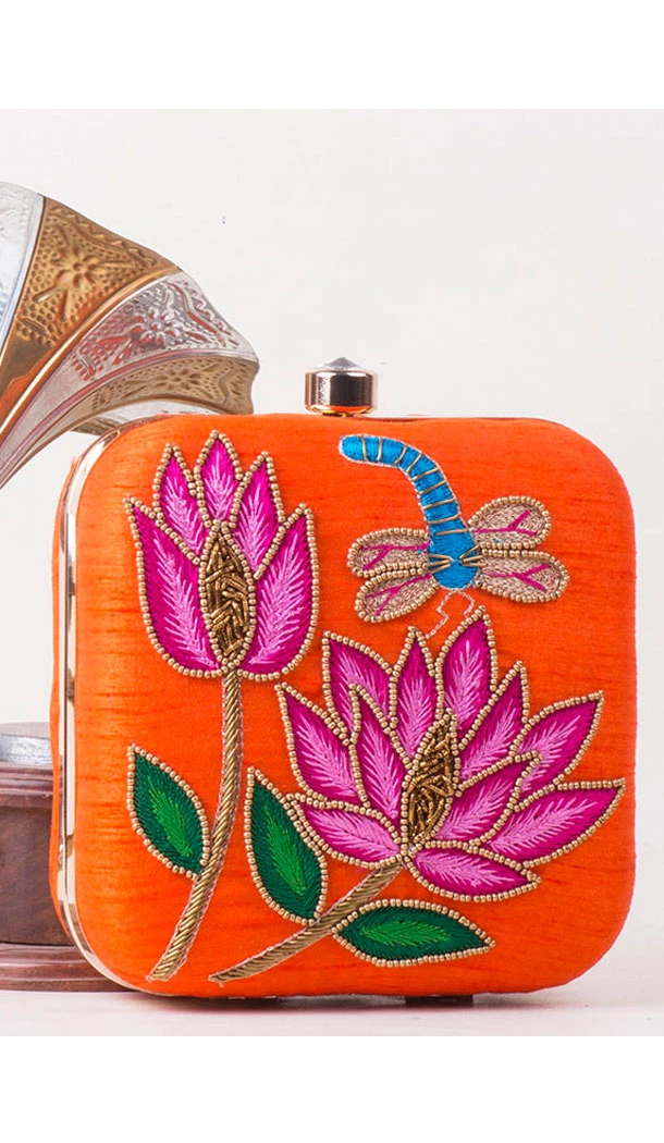 Sparkling Orange Color Synthetic Velvet Exclusive Designer Clutches - 528065047