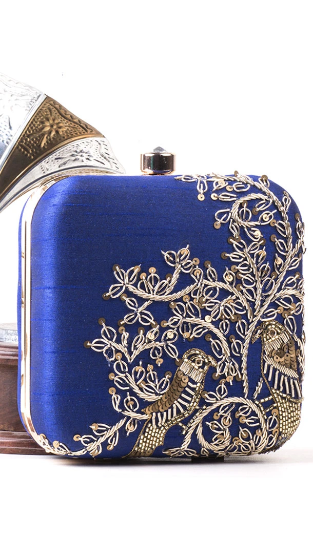 Charming Blue Color Synthetic Velvet Exclusive Designer Clutches - 528065048