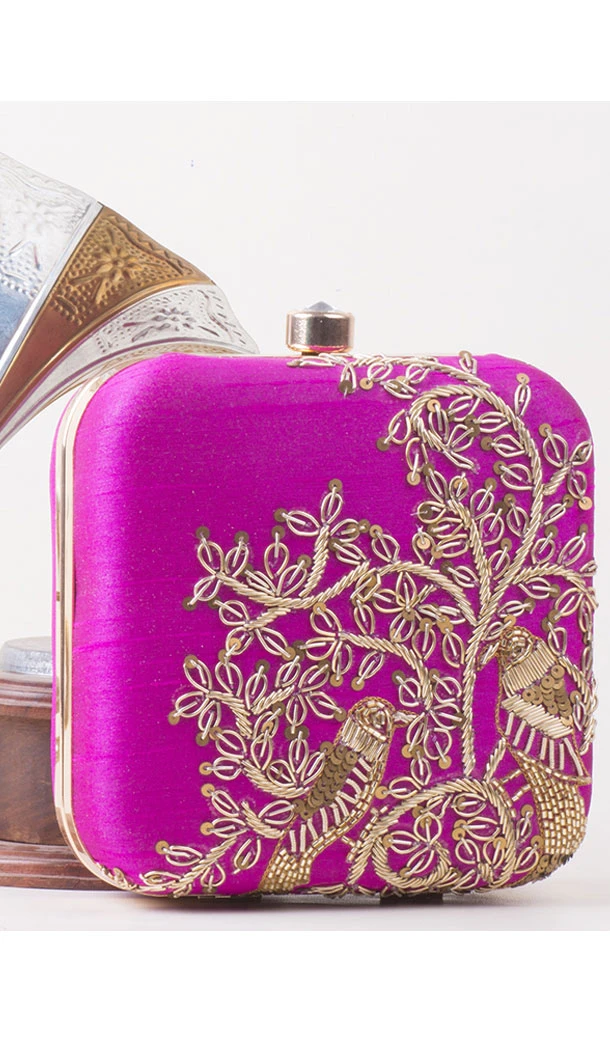 Luscious Pink Color Synthetic Velvet Exclusive Designer Clutches - 528065049