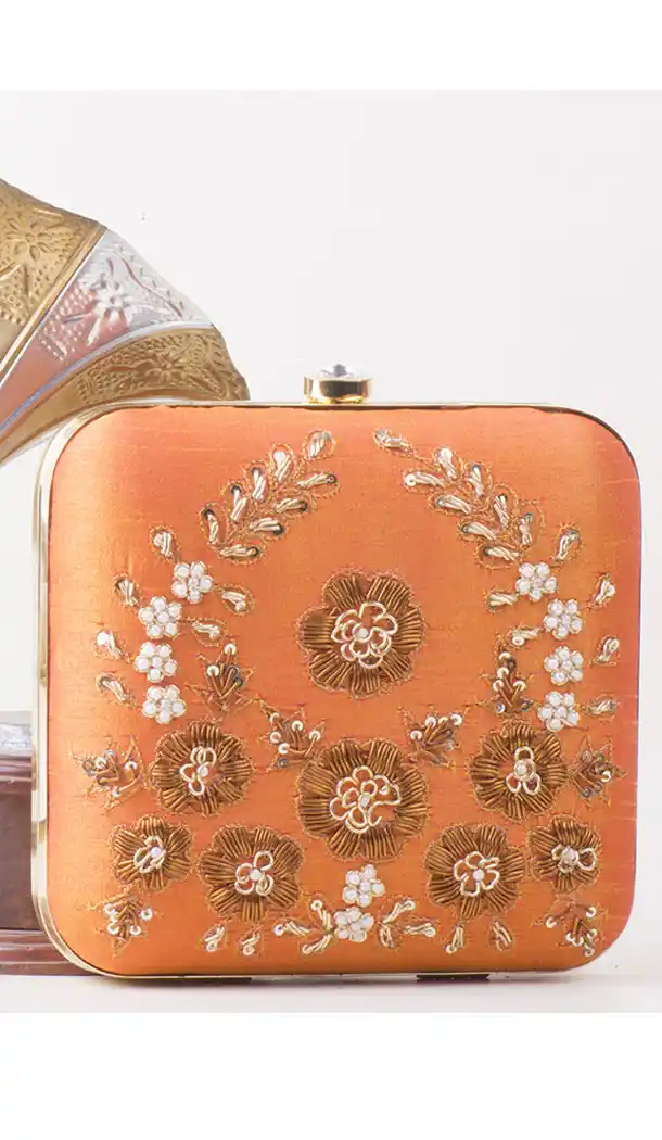 Alluring Orange Color Synthetic Velvet Exclusive Designer Clutches - 528065052