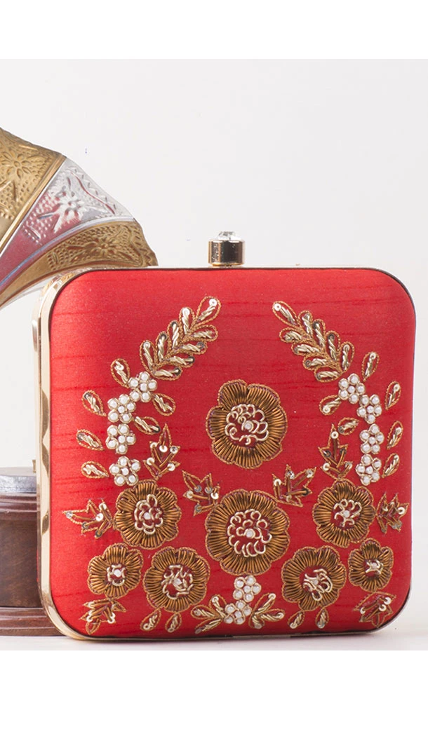 Vivacious Red Color Synthetic Velvet Exclusive Designer Clutches - 528065053